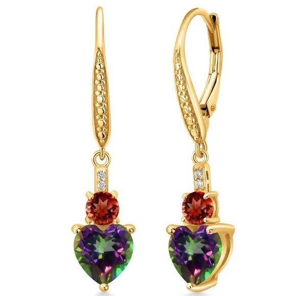 18K Yellow Gold with 3.77 Cttw Green Mystic Topaz and Garnet Leverback Earrings